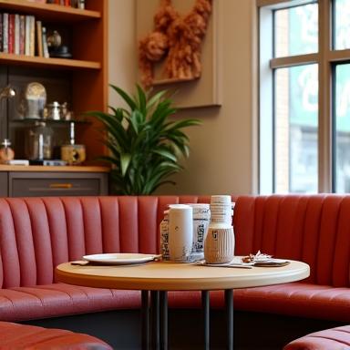 Cozy cafe interior with warm lighting