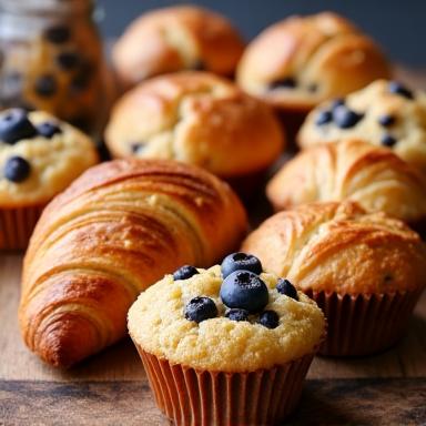 Assortment of fresh muffins and croissants