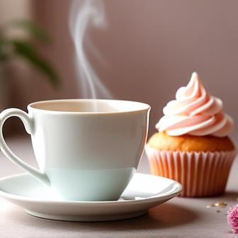 Delicate tea cup with a frosted cupcake